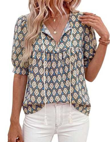 PRETTYGARDEN Womens Summer Boho Tops 2026 Vacation Outfits Casual Tie Front V Neck Peasant Blouses Puff Short Sleeve Shirts(Blue,X-Large) - Image 1