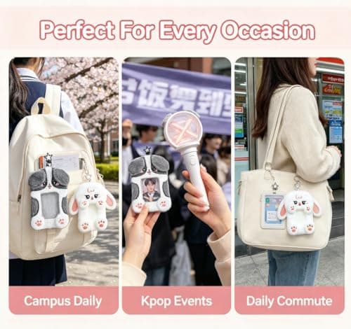 DegoCyhton Photocard Holder, Kpop Photo Card Keychain, 2 Pack 3 Inch, Clear PVC Window, Anti-Shed Plush Design, 360° Rotating Hook, for Teen Girls Student Campus Backpack Pendant & Card Protection - Thumbnail 5