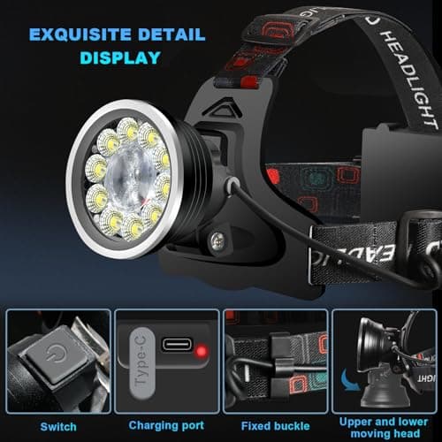 seeup Headlamp Spotlight Flashlight, Bright LED Rechargeable Headlight, Waterproof Head Light with Back Lamp for Outdoor Camping Running Hiking Fishing Cycling (Black, Spotlight & Floodlight) - Thumbnail 2