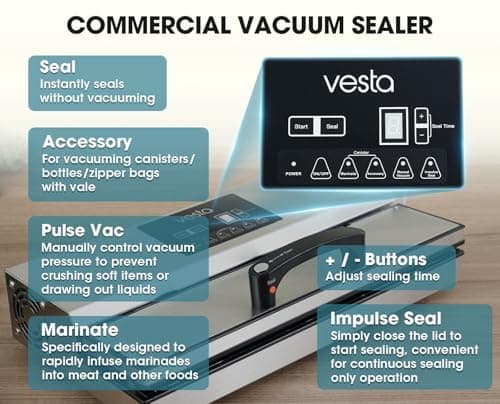 Vesta Precision 16'' Commercial Vacuum Sealer Machine for Moist Foods, 95kPa Heavy Duty Meat Sealer with Dual Vacuum Pumps & Auto Cooling, Adjustable Sealing and Vacuum Time Control, Stainless Steel - Thumbnail 6