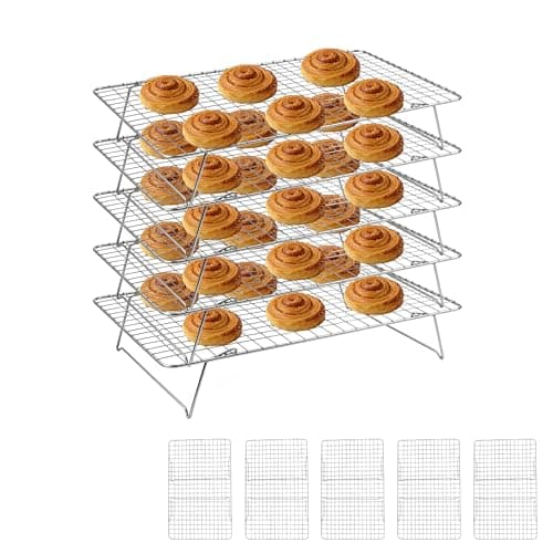JINANJUNGU Cooling Rack, 5 Tier Stackable Cooling Racks for Cooking Baking Roasting, Multi-Level Collapsible Cookie Rack for Cakes, Oven Safe & Easy Clean (Silver, 5-Tier) - Image 1
