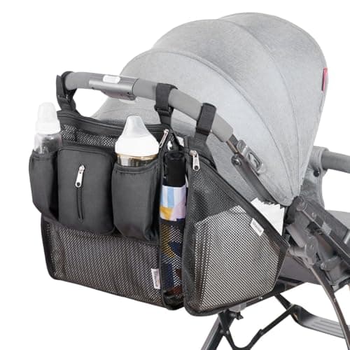 SUNVENO 2-pack Universal Stroller Organizer Caddy with Cup Holders, Wipes Pouch and Extra Storage, Zippered Mesh Side Sling for Pushchair, Black - Image 1
