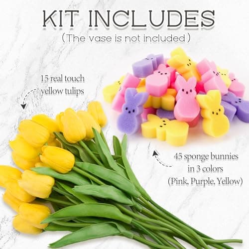 ORIENTAL CHERRY Easter Decorations - Easter Peeps Decor - 15 Artificial Tulips with 45 Bunnies Vase Filler Set, Spring Home Indoor Decoration Centerpieces for Tables - Thumbnail 2