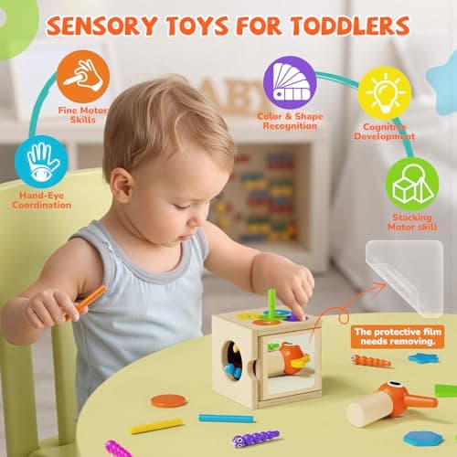 5-in-1 Wooden Activity Cube, Toddlers Montessori Toys for Baby Boys Girls, Baby Activity Center for 2+ Year Old, Woodpecker Worm Toy Magnetic Bird Feeding Game, Educational Color & Shape Sorting Toy - Thumbnail 4