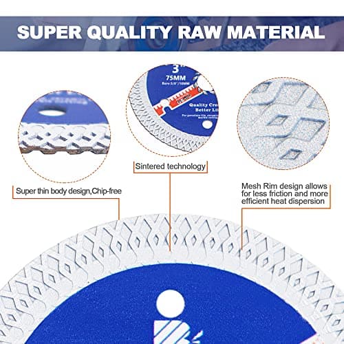 Super Thin Diamond Porcelain Saw Blade with X Teeth,BRSCHNITT3pcs 3 Inch (75mm) x Arbor 10mm Angle Grinder Diamond Cutting Disc for Dry/Wet Cutting Porcelain Tile Ceramic Marble Granite - Thumbnail 5