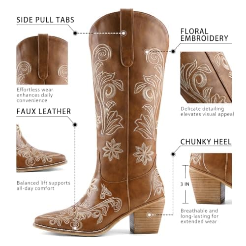 QIV Brown Cowboy Boots for Women Western Pointed Toe Chunky Heel Mid Calf Cowgirl Boots with Embroidered Floral Size 7 - Thumbnail 5