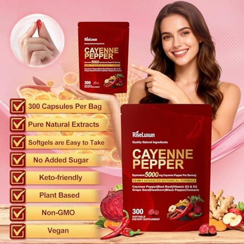 Cayenne Pepper Softgels, with Vitamin D3 K2+E and Extracts of Grape Seed, Hawthorn, Beetroot, Berberine and 12 other extracts, Advanced Vitality & Wellness Formula, For a Healthy Circulatory System - Thumbnail 6