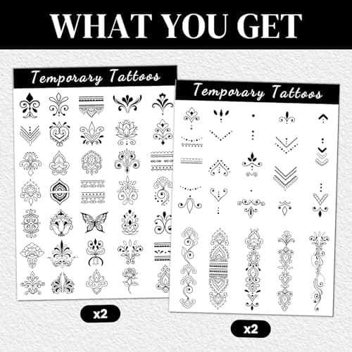 Cerlaza 62 Styles Temporary Tattoos Adult, Henna Hand Finger Fake Tattoos Semi Permanent Tattoo for Women Men, Realistic Long Lasting Small Hannah Tatoo Temporary Kits Stickers Body Art for Neck - Thumbnail 2