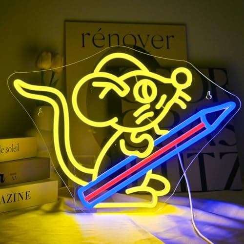 NXYX Pencil Neon Sign for Wall Decor Pencil Mouse School Neon Light Back To School Gift Back To School Gift USB Powered Led Light for Classroom Kidroom Dorm Wall Bookshelf Decor 11.8"*16.5" - Image 1