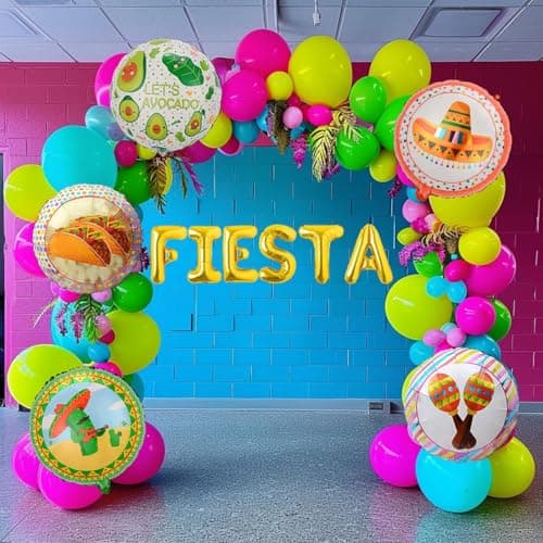Cinco de Mayo Fiesta Balloon Garland Arch Kit, 160Pcs Rainbow Rose Red Pink Blue Yellow Green Blue Balloons for Mexican Fiesta Party Decorations - Image 1