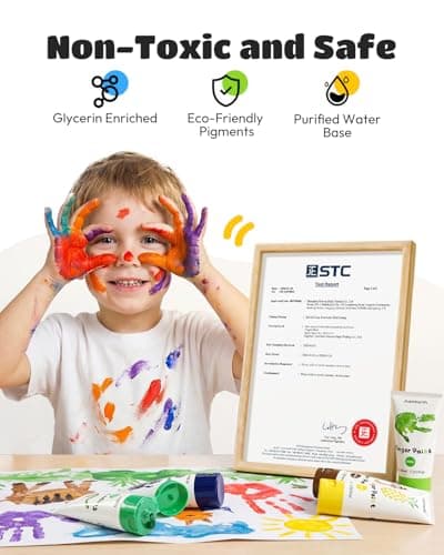 JUPITEARTH 28 PCS Finger Paint, Baby Safe Paints for Hand and Feet, Washable Paint for Kids, Non-Toxic 12 Vibrant Colors (1.22fl oz/36ml ) , Palette, Apron, Brush, Eye Stickers, Safe Preschool Art Supplies for Kids - Thumbnail 4