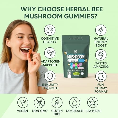 Organic Ashwagandha & Lions Mane Mushroom Gummies - Reishi, Cordyceps, Turkey Tail, Maitake, Shitake & Chaga, Immune Support & defense, Brain Boost, Vegan, All-in-One Superfood supplement | 80 gummies - Thumbnail 5