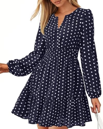BTFBM Spring Dresses for Women 2026 Mini Long Sleeve Elastic Waist Summer Vacation Outfits Floral Wedding Guest Dress(Dot Navy White, Small) - Image 1
