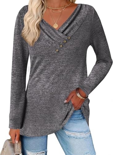 ALPSWARE Tunic Shirt Long Sleeve Basic Top V Neck Tunics Tshirt for Women 2025 Fall Dark Grey M - Image 1