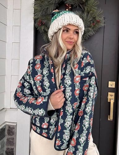 Wyeysyt Women's Cropped Puffer Jacket Lightweight Floral Print Long Sleeve Padded Quilted Puffy Cardigan Coat(Navy-03L) - Thumbnail 4