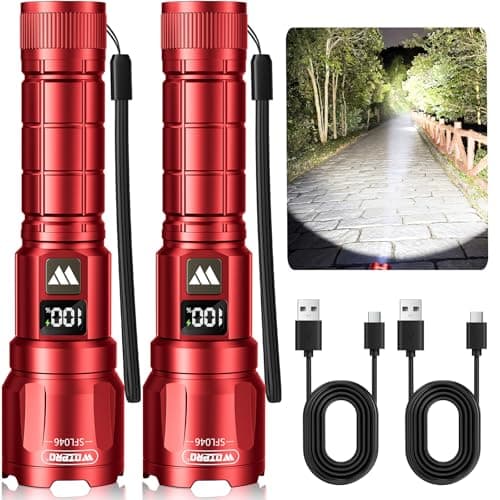 WdtPro LED Rechargeable Flashlight 2 Pack, Super Bright Zoomable 6000 Lumens Tactical Flashlight with LCD Digital Display, 3 Mode Waterproof Flash Light for Camping, Hunting & Home Emergency - Red - Image 1