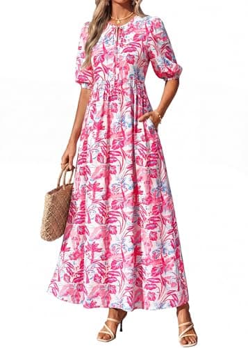 KIRUNDO Spring Dresses for Women 2026 Summer Wedding Guest Boho Floral 3/4 Sleeve Beach Vacation Cruise Flowy Maxi Dress(Red, Small) - Thumbnail 4