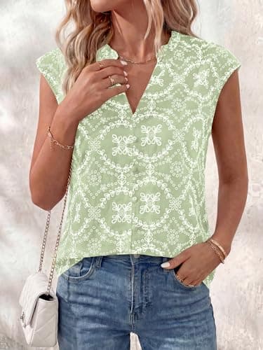 BTFBM Womens Summer Tops Dressy Casual 2026 Floral Eyelet Sleeveless Button Down Shirts Boho Beach Vacation Outfits(Light Green, Small) - Thumbnail 6