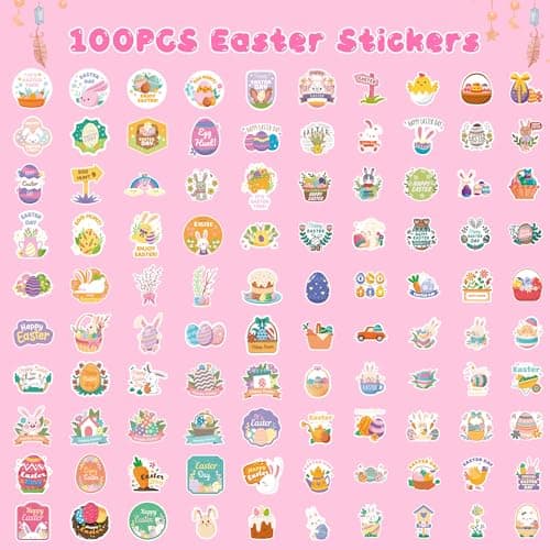 Easter Egg Stuffers - 100 PCS Happy Egg Bunny Stickers for Kids - Vinyl Easter Games Crafts Activities Party Favors - Basket Stuffers for Toddler - Kids Gifts for Boys Girls - Thumbnail 3