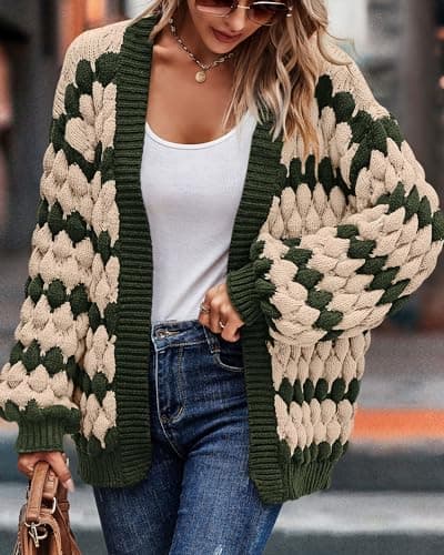 KIRUNDO Women Cardigan Oversized Puff Sleeve Open Front Striped Color Block Cable Knitted Cardigans Fashion Chunky Winter Sweater Coats Fall Clothes 2026(Army Green, Medium) - Thumbnail 4