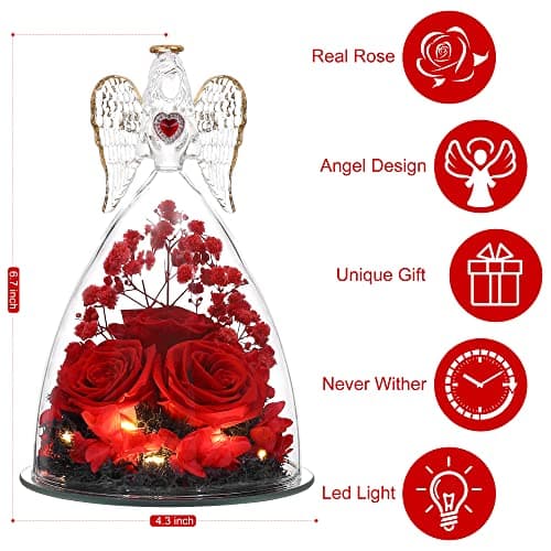 Tiaronics Mothers Day Rose Gifts for Women, Large Angel Figurines with Real Roses, Preserved Real Flower Rose for Her - Red - Thumbnail 2