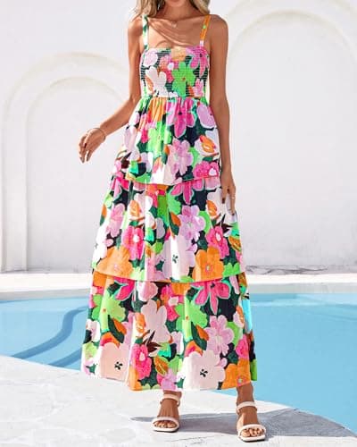 BTFBM Spring Dresses for Women 2026 Floral Spaghetti Strap Wedding Guest Dress Maxi Beach Vacation Clothes(Floral Multicolored Green,X-Large) - Thumbnail 3