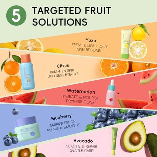 QUIYUM Fruit Skincare for Teens, 5 Daily Routine Beauty Skin Care Sets - Exfoliating, Smooth, Clean, Oil Control, Firm, Hydrating, Glow Up, Facial Skincare Gift Set for Girls Women, for All Skin Types - Thumbnail 3