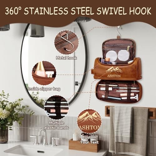 Personalized Toiletry Bag for Men - Custom Large Leather Dopp Kit with Engraved Name & Text, Personalized Gift for Groomsmen, Husband, Dad, Boyfriend, Birthday or Christmas Gifts for Men - Thumbnail 3