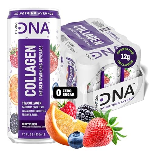 HYDRADNA- Sparkling Liquid Collagen Protein Water Drink Balanced Nutrients for Wellness - Sugar-Free - Keto-Friendly - No Gluten (12 Pack) Berry Punch - Image 1