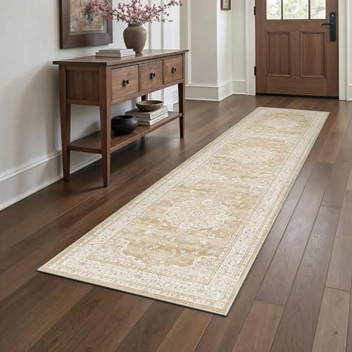 HUGEAR Machine Washable Hallway Runner Rugs 2x8 Vintage Beige Brown Neutral Style Non Slip Stain Resistant Low Pile Throw Carpet for Bedroom Kitchen Retro Aesthetic Modern Decor - Image 1
