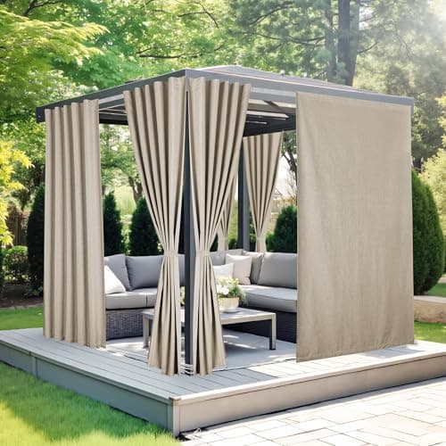 NICETOWN 100% Blackout Linen Outdoor Curtains for Patio, Waterproof & Windproof Gazebo Curtains Sticky-Back Top & Back Tab Bottom, Sun Shades with 2 Straps & Rope, W52 xL96, Natural, 2 Panels - Image 1