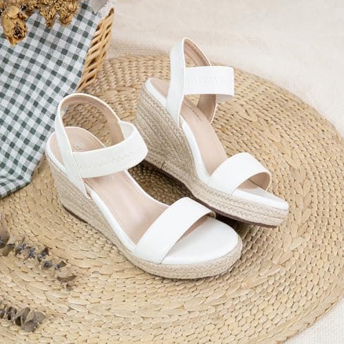 Vepose Women's White Pu Wedge Sandals, Platform Espadrilles Slip On Open Toe with Faux Leather Ankle Strap, Comfortable 3.5 Inches Low Heel Summer Dressy 881 Shoes Size 7.5 (CJY881 whitepu 07.5) - Thumbnail 3