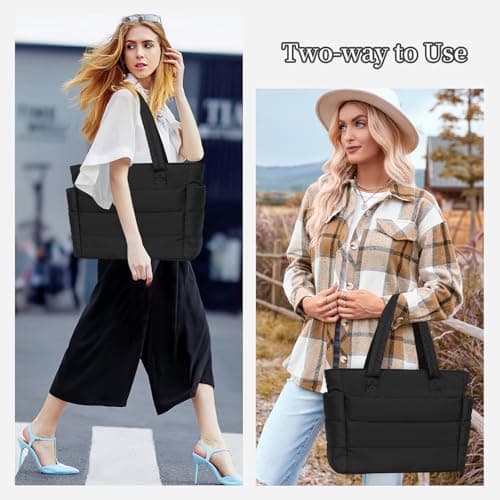 JHhomezeit Puffer Tote Bag for Women-Large Work Tote Bags Quilted Lightweight Puffy Bags Shoulder Bag with Laptop Compartment Black - Thumbnail 2