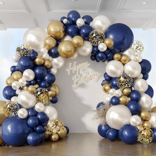 Navy Blue Gold White Balloons Arch Kit -129pcs Double Stuffed Royal Blue Chrome Gold Pearl Sand White Confetti Balloons Garland for New Year Graduation Birthday Wedding Party Decorations - Image 1