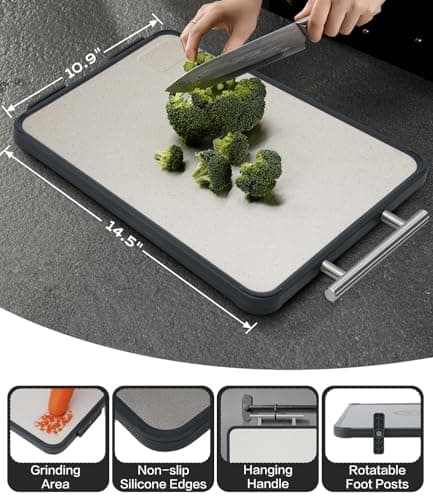 Titanium Cutting Board for Kitchen- Double Sided Cutting Board with Stand, Textured Food-Grade Pure Titanium Side for Chopping Meat, PP Side for Vegetables, Easy to Clean(14.5”×11”, 1 PC) - Thumbnail 6