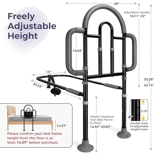 EASYVAVA Bed Rails for Elderly Adults Safety, Adjustable Bed Assist Rail - Portable Bed Cane Supports 400 Lbs,ASTM Approved Bedside Safety & Stability for Seniors,for Bed Frames 14.57"-20.67" - Thumbnail 2