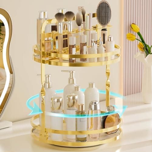 DUANFEE 360 Rotating Makeup Organizer Vanity, Gold Perfume Organizer for Dresser, 2 Tier Bathroom Organizer Countertop,Spinning Cosmetic Display Lazy Susan for Women,Skincare Storage with Brush Holder