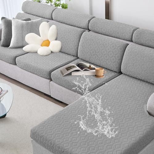 Genina Couch Cushion Covers Waterproof, Stretch Sectional Couch Covers, Sofa Cushion Cover Washable, Non Slip Magic Sofa Cover with Elastic Bottom and Straps, Pet-Friendly (2 Seater + 1 Chaise) - Image 1