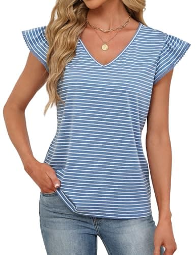 JUSTFASHIONNOW Womens Summer Ruffle Flutter Sleeve V Neck Tops, Soft Casual Striped Versatile Dressy Blouses(Blue Stripe Large) - Thumbnail 5