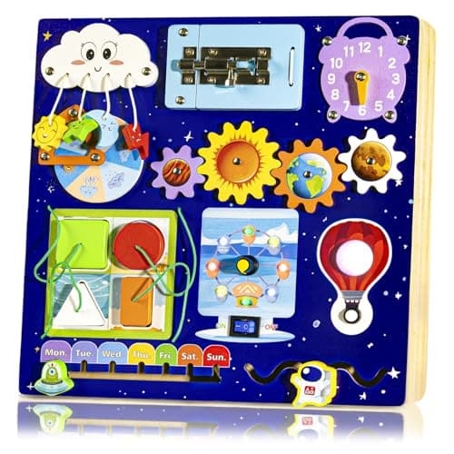 KIDS KING Wooden Busy Board with LED Light - Montessori Toddler Toys for 1-4 Years Old Boys & Girls, Sensory Toys for Fine Motor Skills - Travel Educational Learning Activities for Kids with Autism