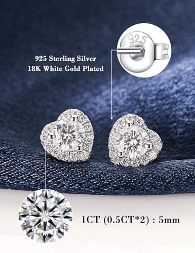 IMOLOVE Moissanite Stud Earrings Lab Created Moissanite Earrings in Sterling Silver Trendy Heart Halo Earrings for Women Men D Color Round Cut - Thumbnail 2
