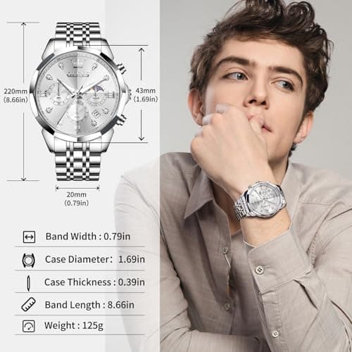 OLEVS Silver Watches for Men Stainless Steel Luxury Mens Silver Watch with Date Large Face Chronograph Dress Waterproof Nice Moon Phase Relojes para Hombres - Thumbnail 3