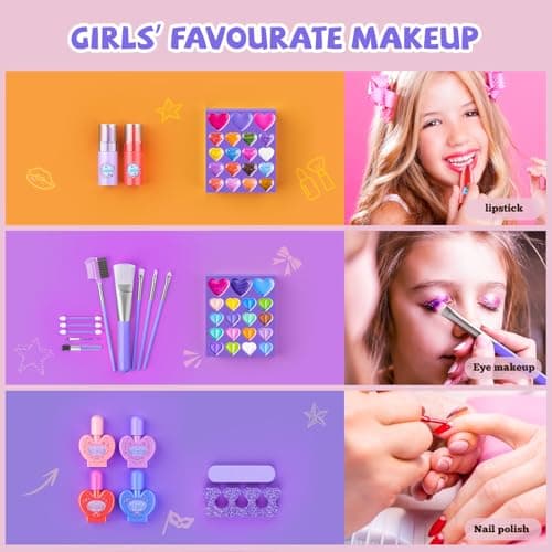 GORISPI Kids Makeup Sets for Girls, 66pcs Real Cosmetic for Kids Toys with Mirror, Princess Washable Girls Makeup Kit, Non-Toxic & Safe Brithday Gifts for 3 4 5 6 7 8 10 - 12 Years Old（Light Purple） - Thumbnail 5
