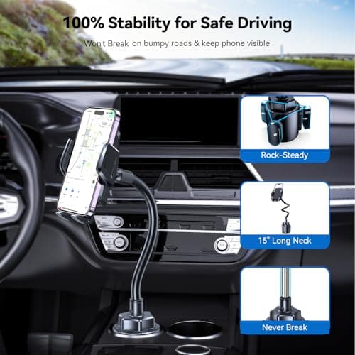 TECKNET Cup Phone Holder for Car - Adjustable Gooseneck Cup Holder Phone Holders with Air Vent Holders & Expandable Base, Cupholder Phones Mount for iPhone 17/16 Pro Max and All Cell Phones, Car Model - Thumbnail 3
