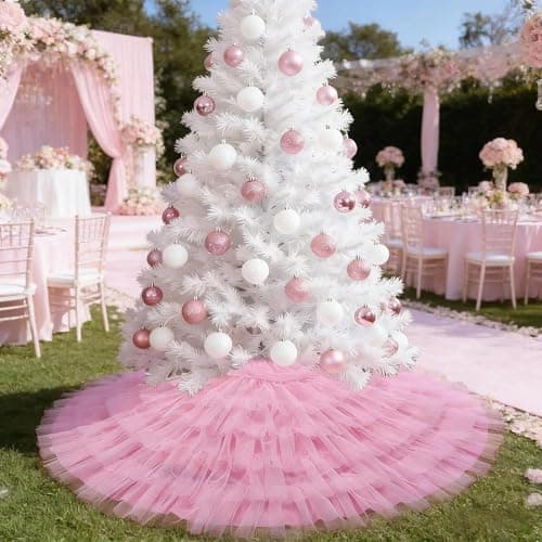 Ivarunner Pastel Pink Tulle Valentine's Day Tree Skirt 48 Inch, Large Ruffle Christmas Tree Skirt for 7.5 FT Trees, 6-Layer Elegant Wedding Baby Shower Tree Mat, Pink Coquette Preppy Room Decorations - Image 1