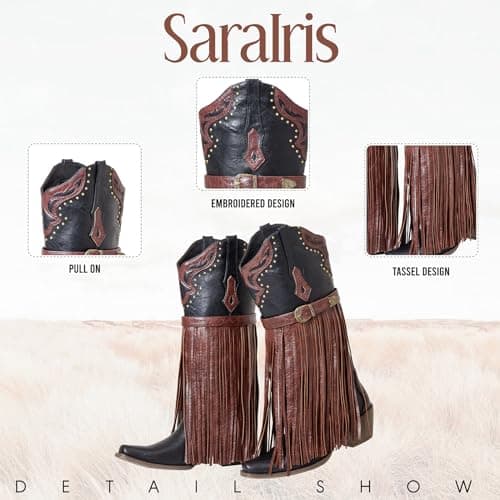 SaraIris Women's Black Cowboy Boots Fringe Boots Knee High Cowgirl Boots Chunky Heel Western Boots Buckle Strap Fashion Pointed Toe Pull On Tassel Boots for Women Size 7.5 - Thumbnail 4