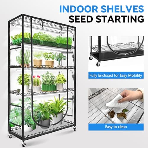 JESLED Indoor Greenhouse with Grow Light, 4FT Full Spectrum 5000K LED Light for Seed Starting, Tiered Lighting Control, Built-in Timer & Thermo-Hygrometer, Rolling Metal Plant Stand (47.2x13.8x70IN) - Thumbnail 6