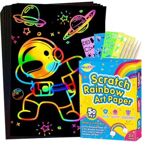 RMJOY Rainbow Scratch Paper Art for Kids: 50PCS Magic Arts Crafts Gifts Toys for Girls Boys Ages 4 5 6 7 8 9 Games Activities for Birthday Family Fathers Day Valentines Day Stuffers Easter(Boys)