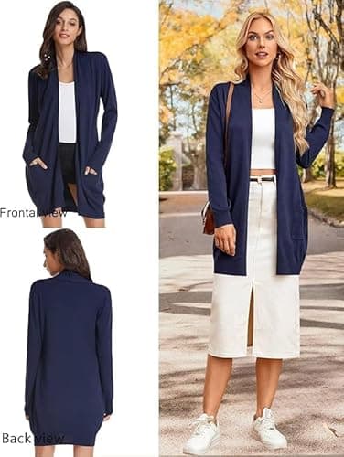 GRACE KARIN Long Cardigan for Women, Vacation Outfits for Women, Knit Open Front Winter Clothing for Women Trendy Navy Blue S - Thumbnail 2