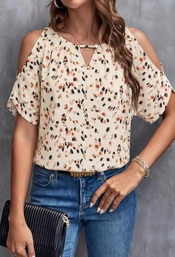 Women Cold Shoulder Tops Casual Summer Short Sleeve Crew Neck Dressy Work Blouses Dot Pints Chiffon Tunic Shirts BE S - Thumbnail 3